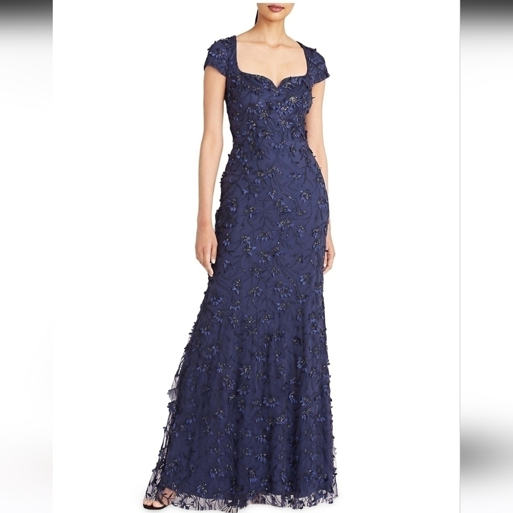 Theia NWT $1095 Bree Cap-Sleeve Floral Beaded Evening Gown Navy Blue size 8